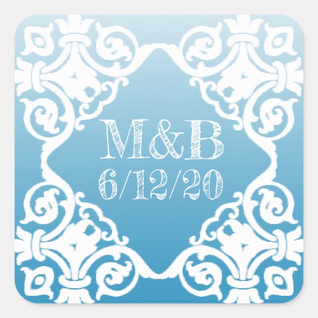 Personalized Blue Wedding Date & Initials Stickers (Front)