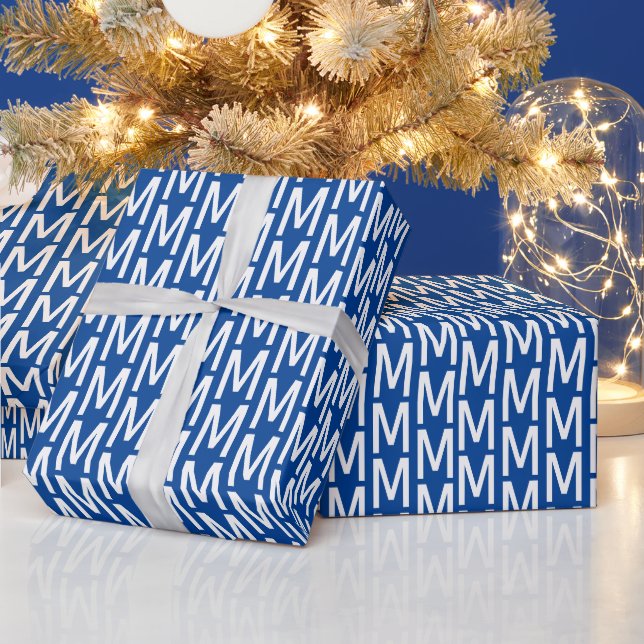 Personalized blue white custom monogram modern wrapping paper (Holidays)