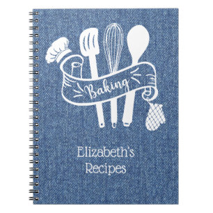 Personalized Blue White Faux Denim Baking Recipe Notebook