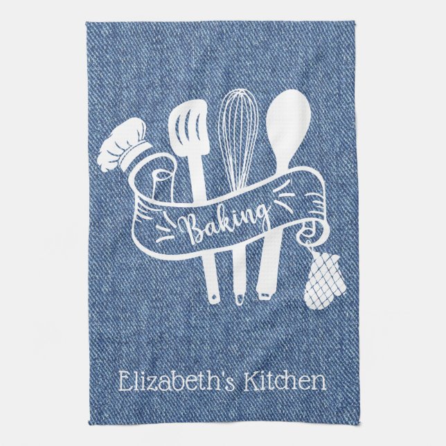 Personalized Blue White Faux Denim Baking Utensil Kitchen Towel (Vertical)