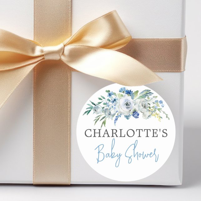 Personalized Blue White Floral Boy Baby Shower Classic Round Sticker (Creator Uploaded)