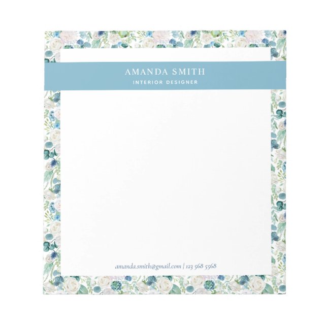 Personalized Blue White Floral Romantic Elegant  Notepad (Front)