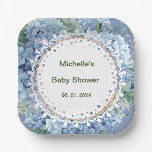 Personalized Blue & White Florals Baby Shower Paper Plate