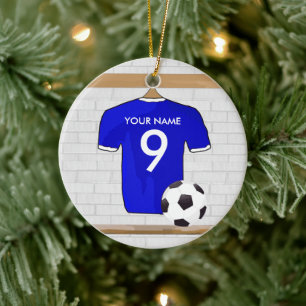 Personalized Blue White Football Soccer Jersey Ceramic Ornament