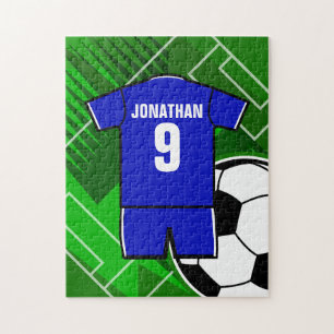 Personalized Blue White Football Soccer Jersey Jigsaw Puzzle