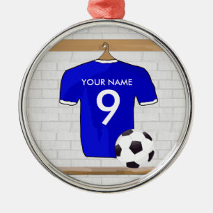 Personalized Blue White Football Soccer Jersey Metal Ornament