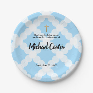 Personalized Blue White & gold cross Confirmation Paper Plate