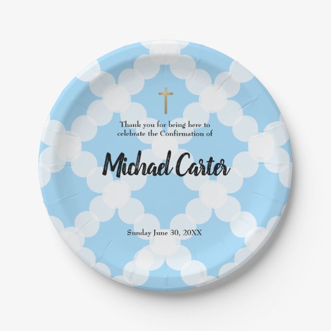 Personalized Blue White & gold cross Confirmation Paper Plate (Front)