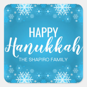 Personalized Blue White HAPPY HANUKKAH Snowflakes Square Sticker