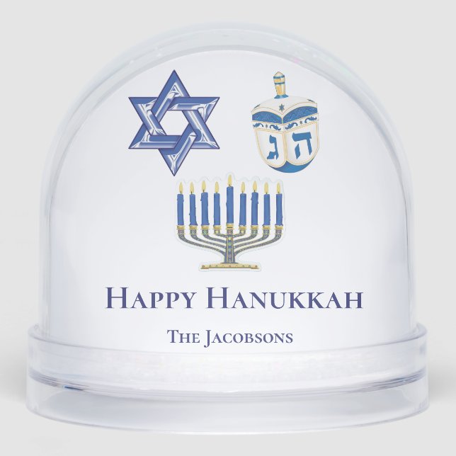 Personalized Blue & White Happy Hanukkah Snowglobe (Front)