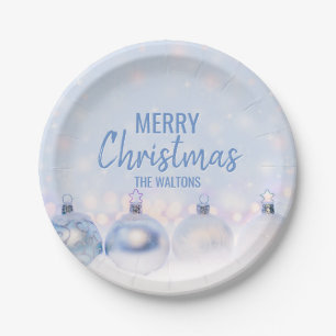 Personalized BLUE White MERRY CHRISTMAS Ornaments Paper Plate