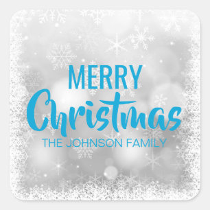 Personalized Blue White MERRY CHRISTMAS Snowflakes Square Sticker