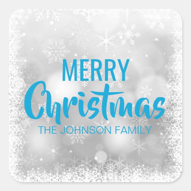 Personalized Blue White MERRY CHRISTMAS Snowflakes Square Sticker (Front)