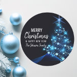 Personalized BLUE White MERRY CHRISTMAS Tree Classic Round Sticker<br><div class="desc">Add these modern & personalized BLUE white Christmas holiday and happy new year stickers to your greeting cards,  envelopes .  Christmas tree in blue white twinkling lights. Editable text - colour,  font and size.</div>