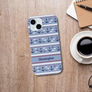 Personalized Blue White Nautical Anchors iPhone 15 Case
