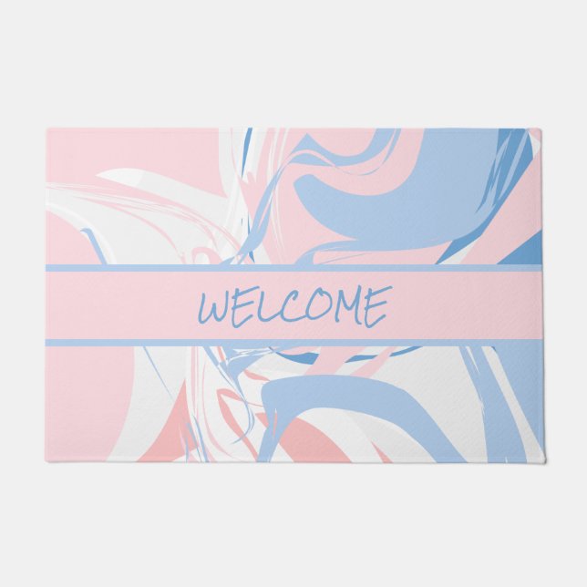 Personalized Blue White Pink Marble Swirl Abstract Doormat (Front)