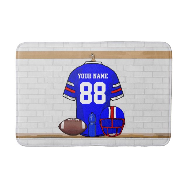 Personalized Blue White Red Football Jersey Bath Mat (Front)