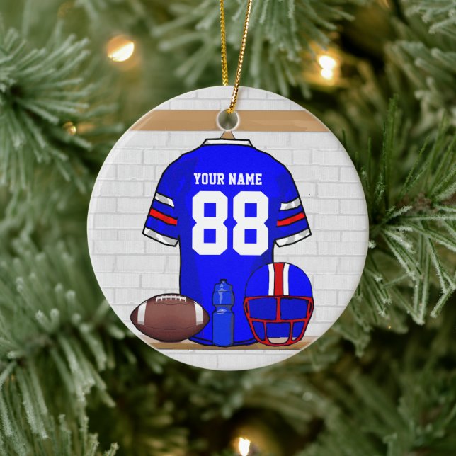 Personalized Blue White Red Football Jersey Ceramic Ornament (Tree)