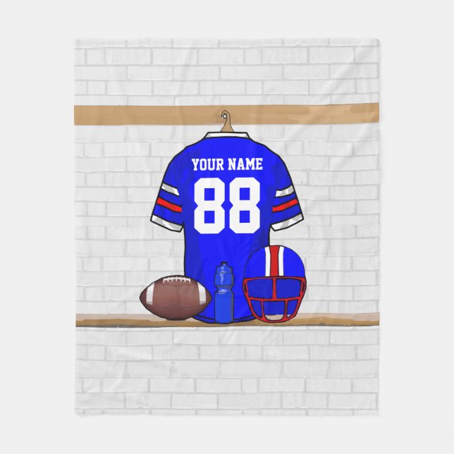 Personalized Blue White Red Football Jersey Fleece Blanket (Front)