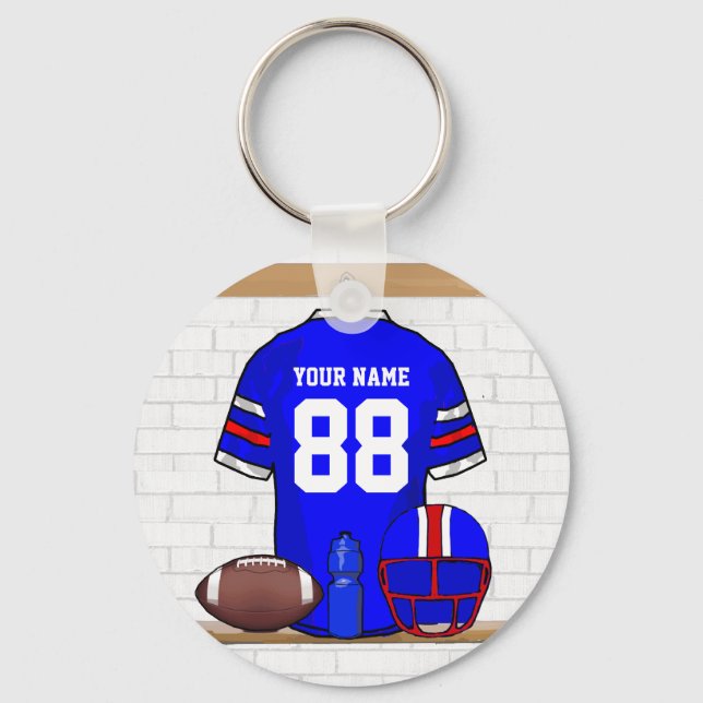 Personalized Blue White Red Football Jersey Keychain (Front)