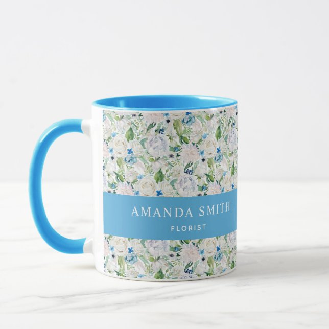 Personalized Blue & White Rose Elegant Florist Mug (Left)