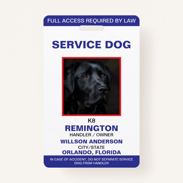 Personalized blue White Service Dog Photo ID Badge (Front)