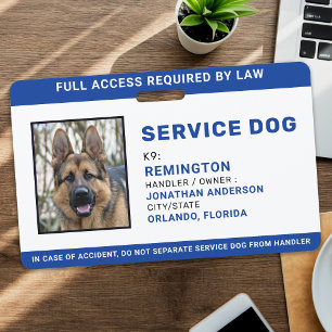 Personalized Blue White Service Dog Photo ID Badge
