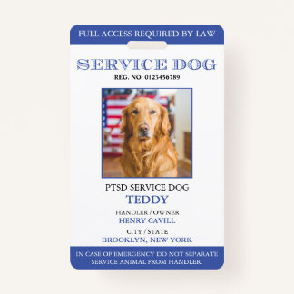 Personalized Blue White Service Dog Photo ID Badge