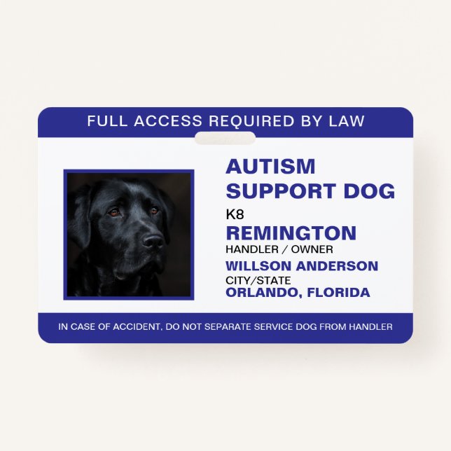 Personalized blue White Service Dog Photo ID Badge (Front)
