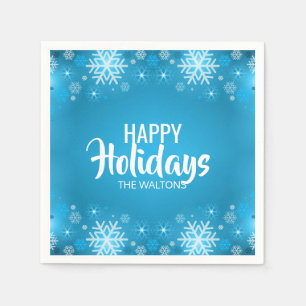 Personalized Blue White Snowflake Happy Holidays Napkin
