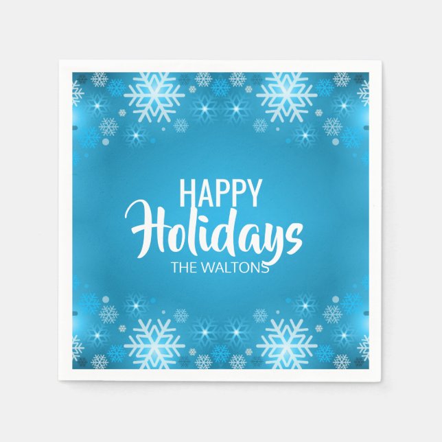 Personalized Blue White Snowflake Happy Holidays Napkin (Front)