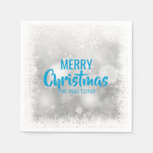 Personalized Blue White Snowflakes Merry Christmas Napkin
