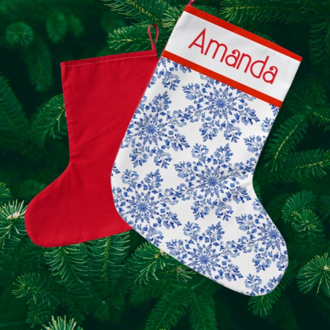 Personalized Blue White Snowflakes Red Back Small Christmas Stocking (Personalize it!)