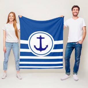 Personalized Blue & White Striped Navy Blue Anchor Fleece Blanket