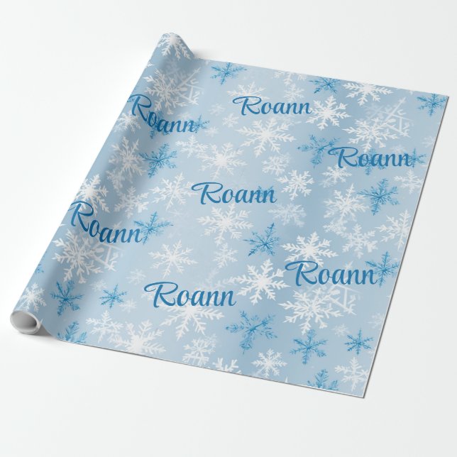 Personalized Blue & White Winter Snowflake Pattern Wrapping Paper (Unrolled)