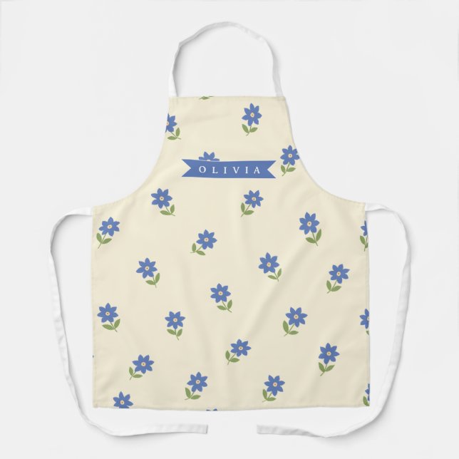 Personalized Blue Wildflower Pattern Name Gift Apron (Front)