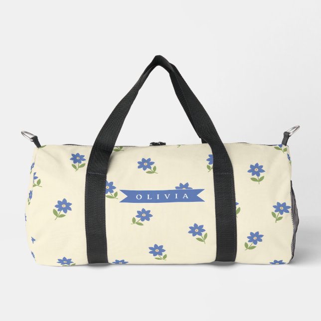 Personalized Blue Wildflower Pattern Name Gift Duffle Bag (Front)