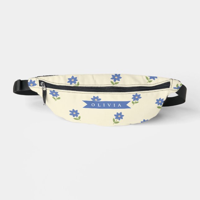Personalized Blue Wildflower Pattern Name Gift Fanny Pack (Front)