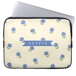 Personalized Blue Wildflower Pattern Name Gift Laptop Sleeve