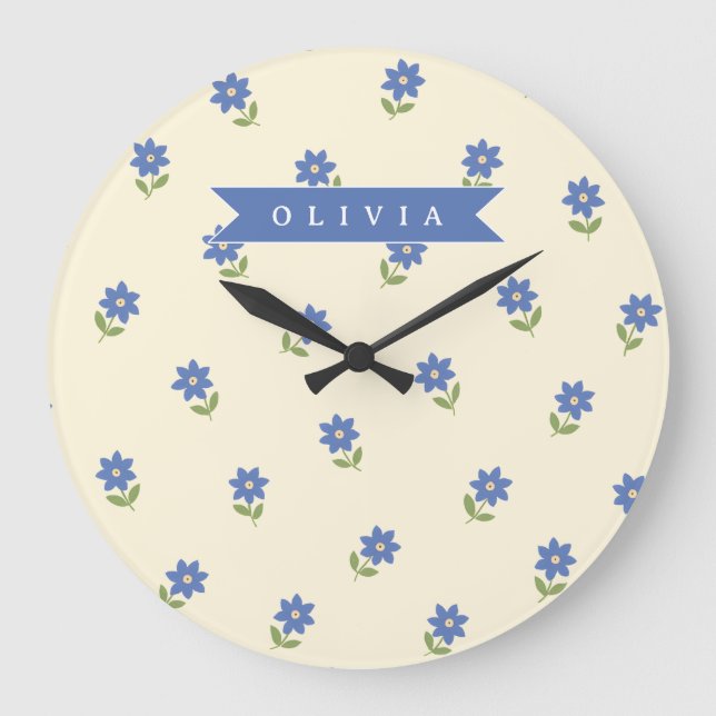 Personalized Blue Wildflower Pattern Name Gift Large Clock (Front)