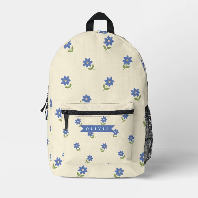 Personalized Blue Wildflower Pattern Name Gift Printed Backpack (Front)