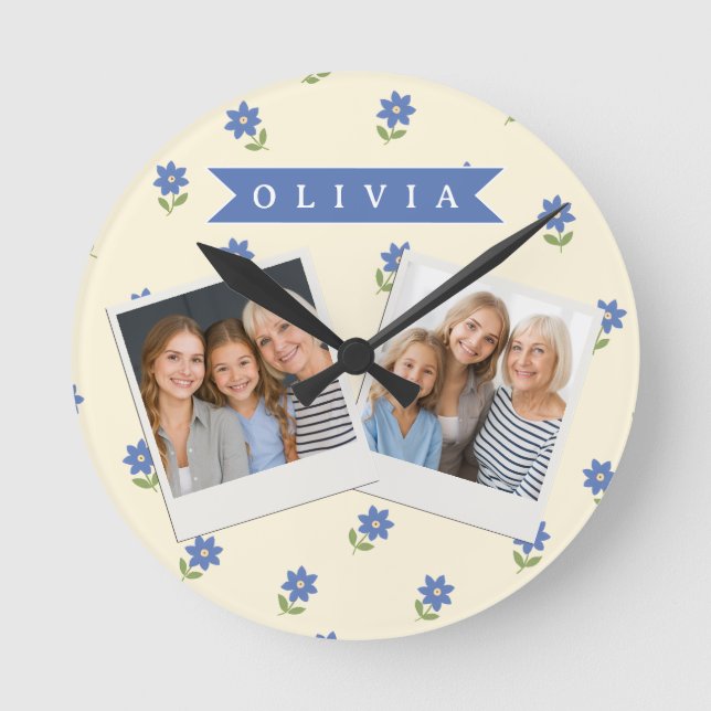 Personalized Blue Wildflower Pattern Name Gift Round Clock (Front)