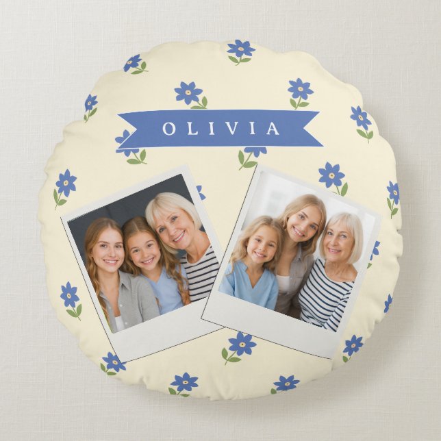 Personalized Blue Wildflower Pattern Name Gift Round Pillow (Front)