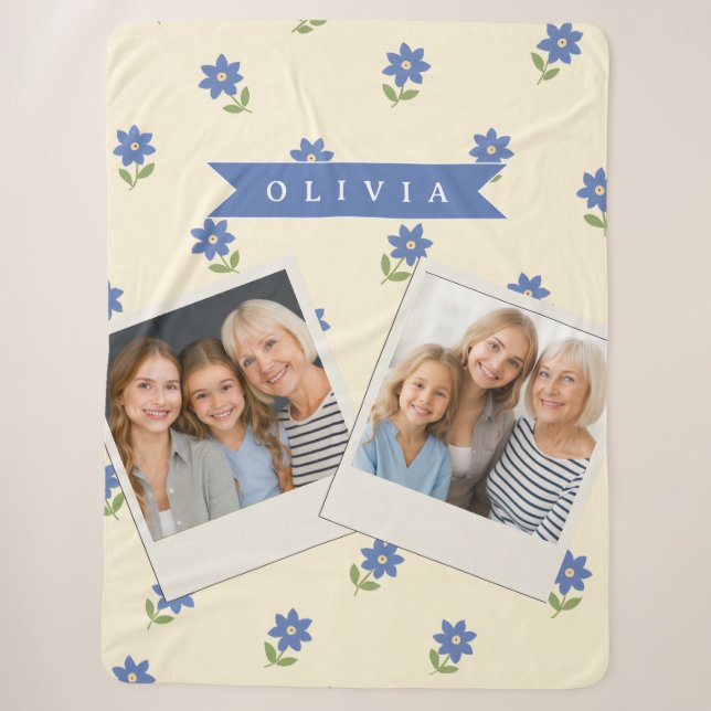 Personalized Blue Wildflower Pattern Name Gift Sherpa Blanket (Front)