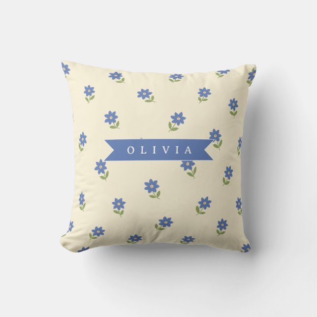 Personalized Blue Wildflower Pattern Name Gift Throw Pillow (Front)