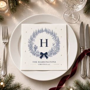 Personalized Blue Winter Toile Monogram Christmas Napkin