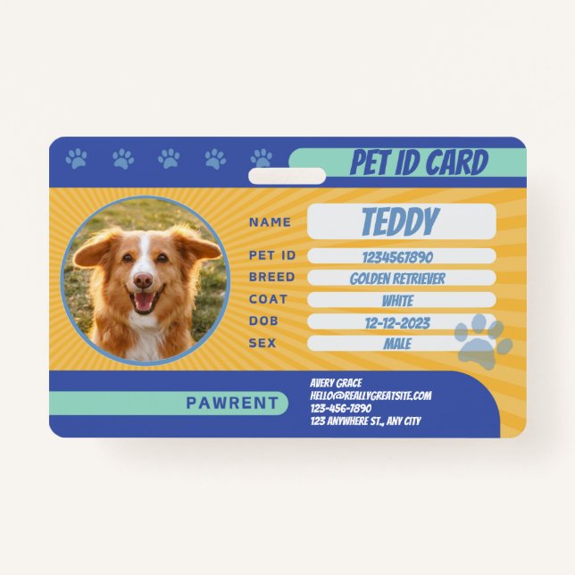 Personalized Blue Yellow Green Dog Photo ID Badge (Devant)