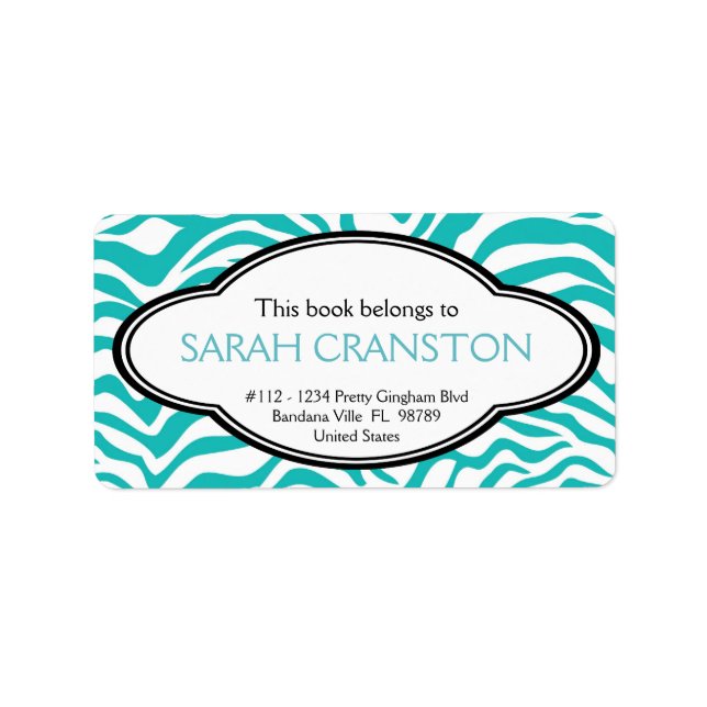 Personalized BLUE Zebra Stripes Pattern Bookplate Label (Front)