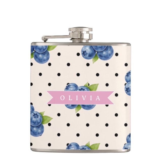 Personalized Blueberry Polka Dot Cute Vintage Hip Flask (Front)