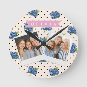 Personalized Blueberry Polka Dot Cute Vintage Round Clock